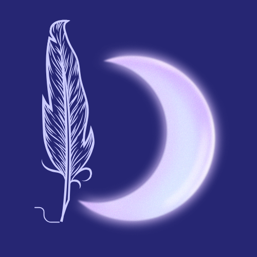 Logo, plume traçant un trait vers une lune croissante